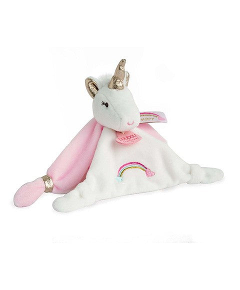 Doudou plat Licorne rose et blanche - 20 cm