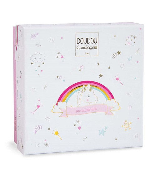 Doudou plat Licorne rose et blanche - 20 cm