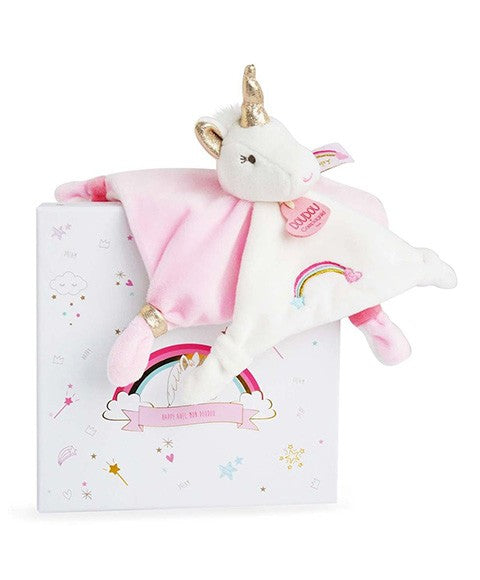 Doudou plat Licorne rose et blanche - 20 cm