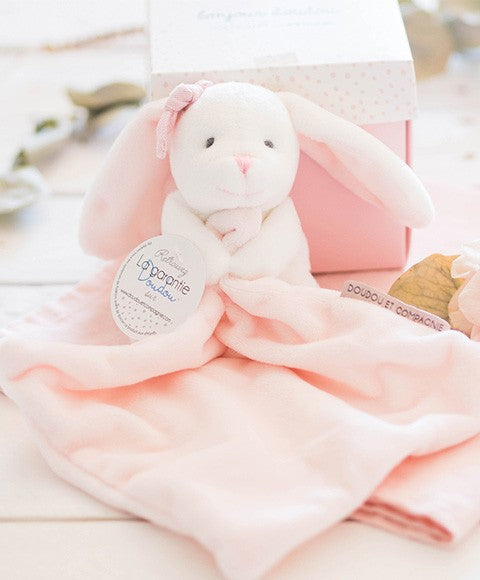 Doudou mouchoir lapin rose - 10 cm - Boite fleur