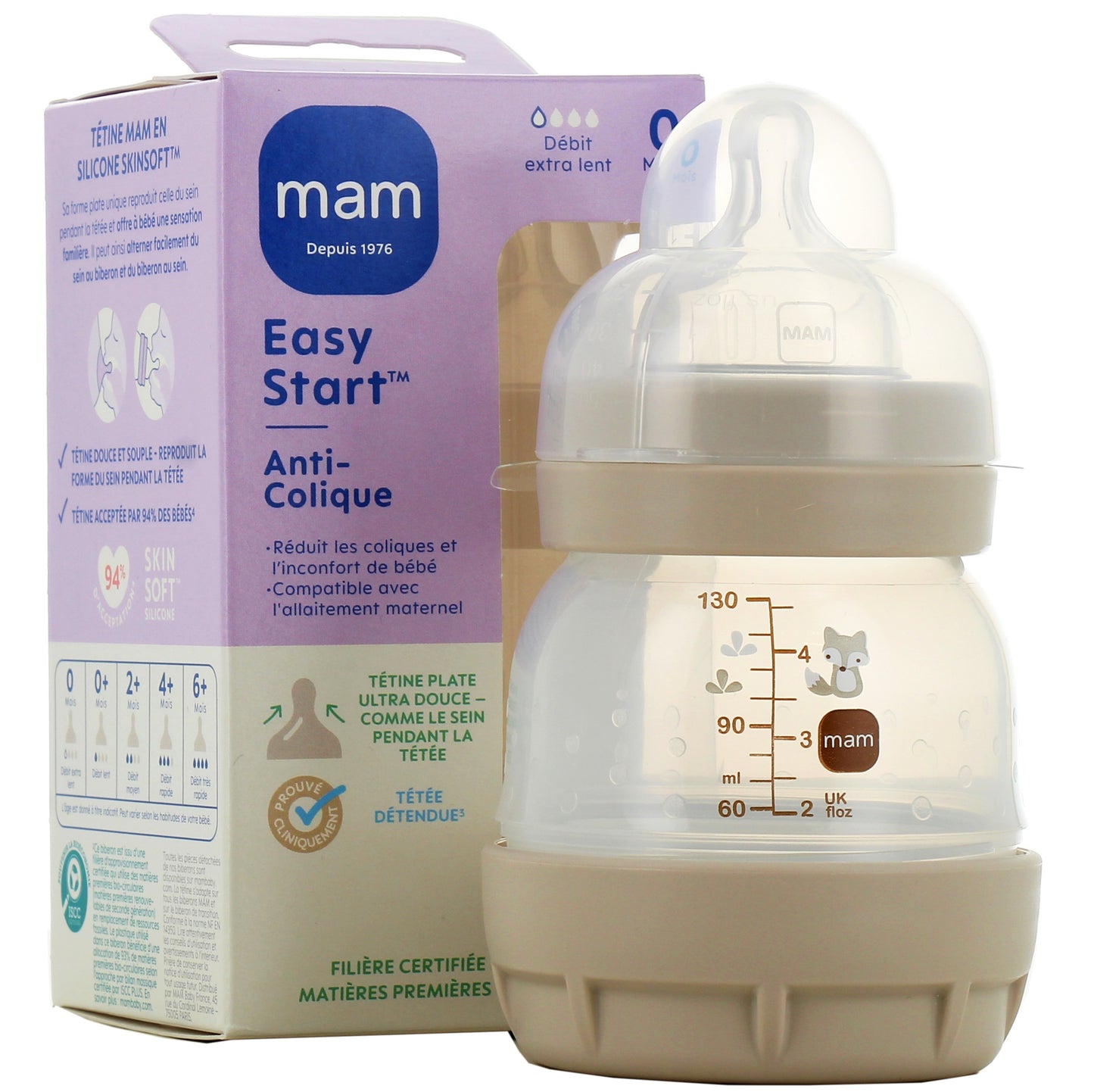 MAM Biberon Easy Start™ anti-colique 130 ml, 0 mois - Sable