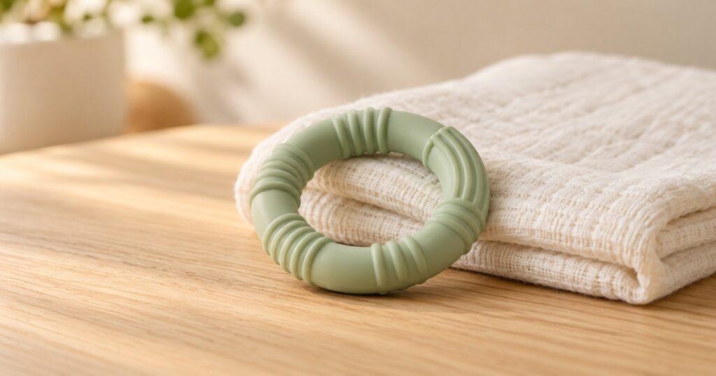 Anneau de dentition vert sauge posé contre un linge propre plié sur une surface en bois clair.
